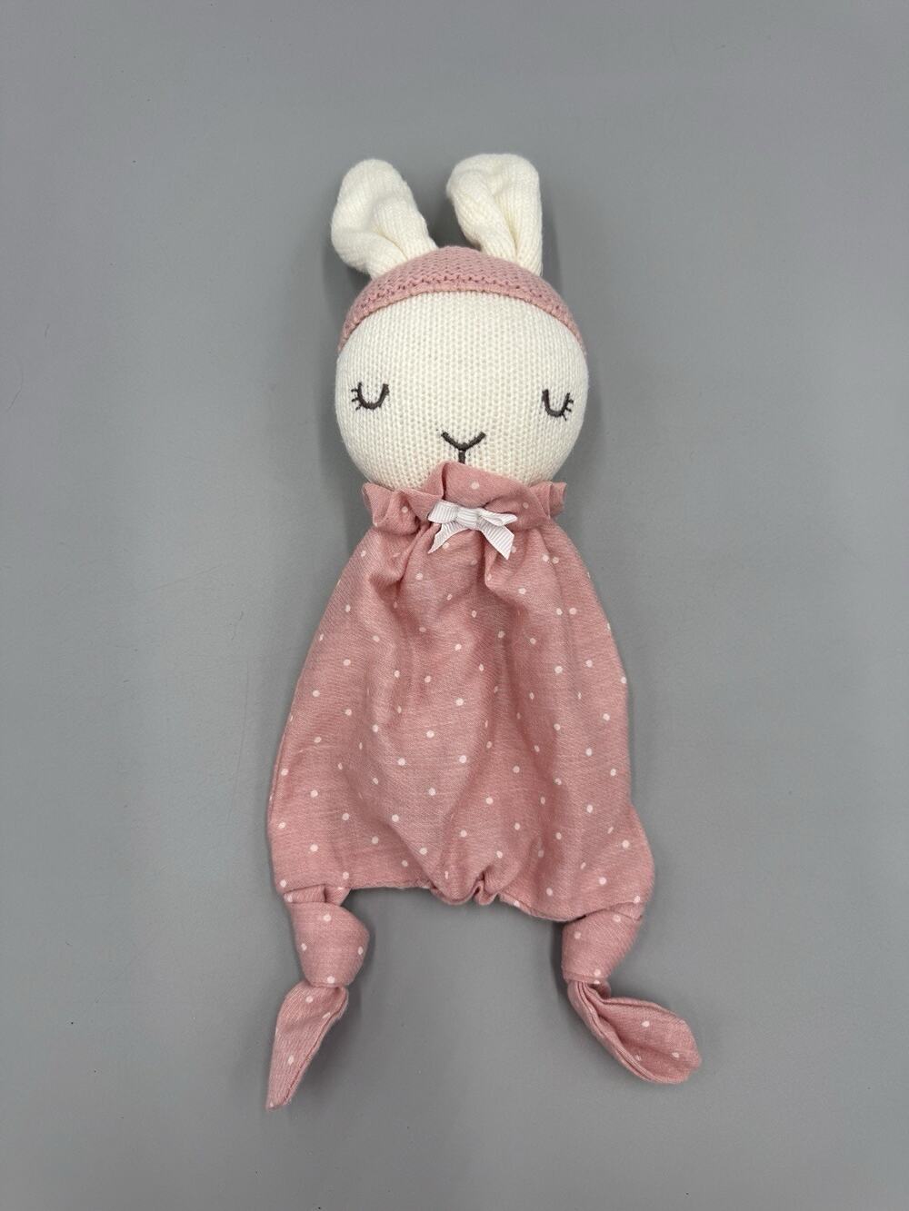 White Knit Bunny Rabbit Lovey Security Blanket Pink Polka Dots Knotted Bottom